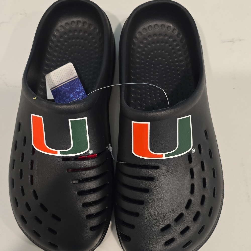 Miami Hurricanes mens black clogs.